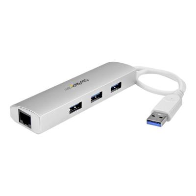 StarTech.com 3-Poorts draagbare USB 3.0 hub met Gigabit Ethernet - Aluminium USB hub met Gb netwerkadapter - geïntegreerde kabel - hub - 3 poorten