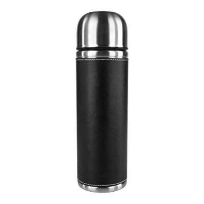 Emsa 502437 senator class bouteille isotherme avec gobelet, fermeture safe loc, revêtement en cuir, 1l, acier inoxydable /cuir noir