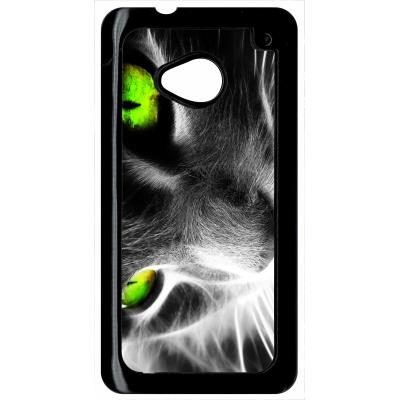 Coque HTC m7 chat noir et blanc yeux vert