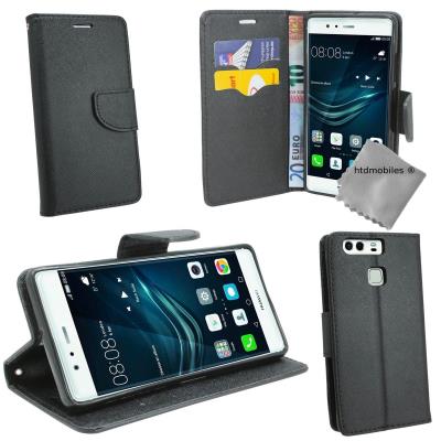 Housse etui coque pochette portefeuille pour Huawei P9 - NOIR / NOIR