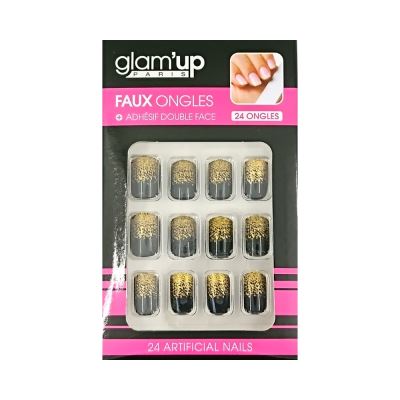 GLAM UP - Faux Ongles + Adhésifs - Noir Paillettes Dorées