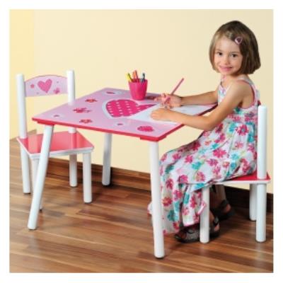 Table et deux chaises pour chambre d'enfants - Ensemble mobilier pour chambre fille - coeurs