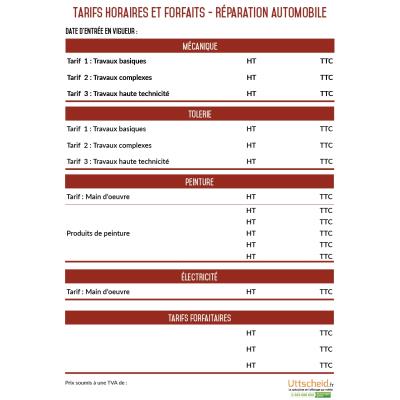 Affichage des tarifs horaires des réparations automobiles - A4