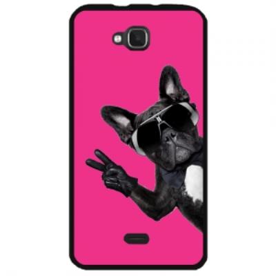 Coque rigide noire Wiko Slide avec motif chien à lunettes sur fond fushia