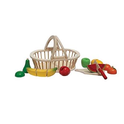 New classic toys - 0588 - jeu d'imitation - cuisine - fruits à découper - panier en bois - 9 pièces