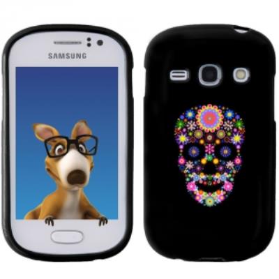 Coque Souple en gel noir pour Galaxy Fame avec impression Motifs crâne en fleurs sur fond noir