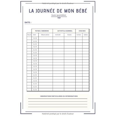 Carnet de suivi bébé: Journal de bord quotidien à remplir |  Sommeil-repas-changes-soin et bonus | Cadeau de naissance - baby shower  (French Edition)
