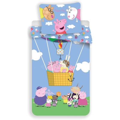 Parure de lit Peppa Pig Montgolfière 100% Coton - Housse de Couette 140x200 cm + Taie d'oreiller