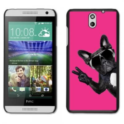 Coque noire pour HTC Desire 610 motif chiens à lunettes sur fond fushia