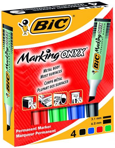 Marqueur Permanent Bic Marking Onyx 1481 corps métal pointe biseau - Etui x 4 couleurs