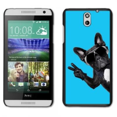 Coque noire pour HTC Desire 610 motif chiens à lunettes sur fond bleu cyan