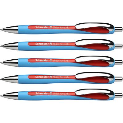 Schneider Slider Rave Lot de 5 Stylos à bille rétractables et rechargeables avec technologie Viscoglide Encre rouge