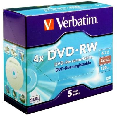Dvd-rw 4x 4.7gb 5pk 5pk jewelcase verbatim 43285