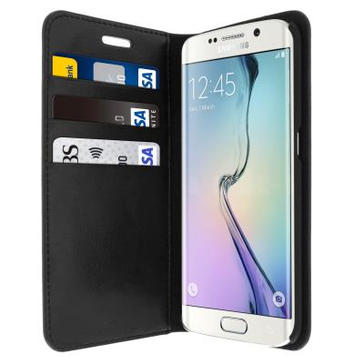Housse Etui Folio Cuir Samsung Galaxy S6 Edge - Noir - Clapet Portefeuille