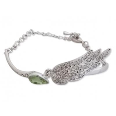 Bracelet fantaisie argenté, faux diamant vert et aile en strass bijou fantaisie pas cher