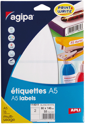 Agipa - Etiquette Adhesifs A5 80x140 - Etui 32