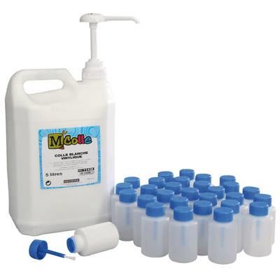Pack de 30 flacons vide de 80ml de colle vinylique blanche avec bouchon et pinceau + 1 flacon de 5 litres + 1 pompe de 20ml