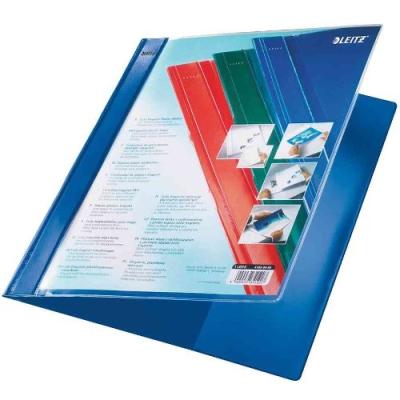 Leitz - chemise à lamelles exquisit à pochette de présentationbleu, format a4+, film de pvc rigide, couverture avant commepochet