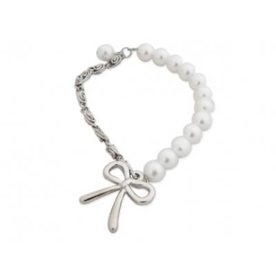 Bracelet élastique aux perles blanches et mailles argentées bijou fantaisie pas cher