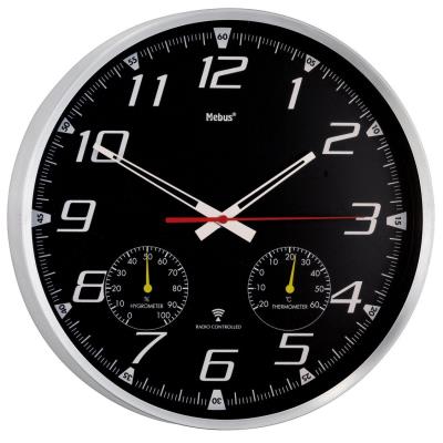 Horloge murale mebus thermo hygromètre t2m radio-pilotée en aluminium cadran noir 35 x 5 cm