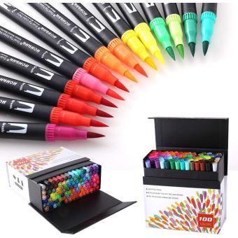 100 stylos à double pinceau feutres pour débutants marqueurs à double pinceau stylos à colorier pour adultes à colorier bureau d'école Art lettrage écriture dessin
