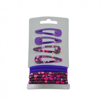Ensemble barrettes clic clac élastiques prune fleurs