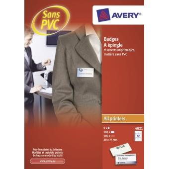 Avery - 4821 - 100 badges en plastique avec épingle. 40x75mm. - 1