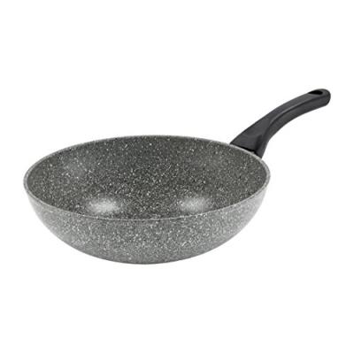 Barazzoni monolitica wok en aluminium effet pierre avec revêtement en marmotech et fond spécial induction en aluminium/acier, ø 28 cm, fabriqué en italie, gris