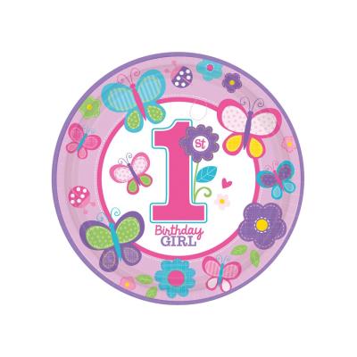 Assiettes anniversaire 1 an fille fleurs (x8)
