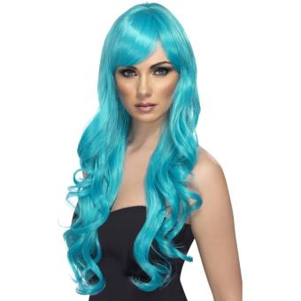 Perruque longue ondulée bleue turquoise femme taille unique - 1