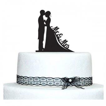 Décorations De Gâteau Mariage Mr & Mrs Avec Chien - En Acrylique Noir, 13x17cm