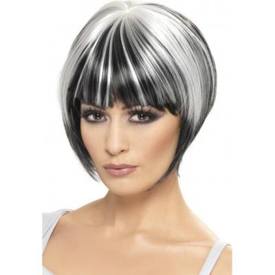 Perruque courte noire et blanche Halloween femme
