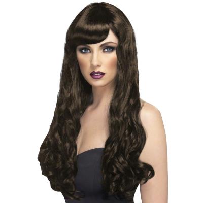 Perruque longue ondulée marron auburn femme taille unique
