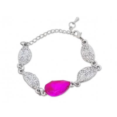 Bracelet fausse pierre rose et feuilles argentées et strass bijou fantaisie pas cher
