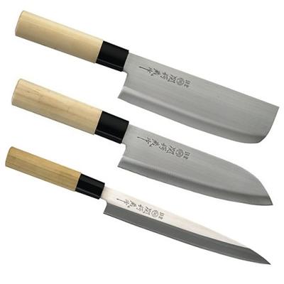 Lot de 3 Couteaux de Cuisine Japonais - Lame Acier Inox - Sashimi + Santoku + Nagiri