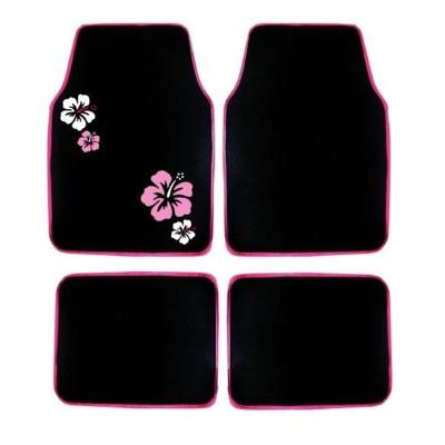 Jeu de 4 tapis moquette noir broderies Hibiscus
