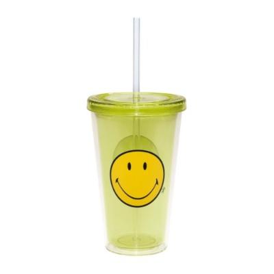 ZAK DESIGNS 6187-0850 VERRE À SODA DOUBLE PAROI DÉCORÉ AVEC PAILLE INTÉGRÉE SMILEY VERT 48 CL
