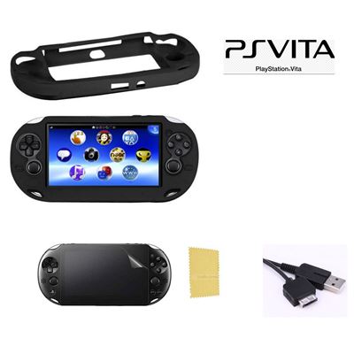 Pack 3 en 1 Sony PS Vita 1000 : Etui silicone noir - Câble chargeur USB - Film Protection