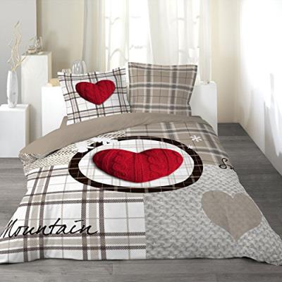 Douceur d'intérieur 1640829 parure de lit 2 personnes housse de couette 220 x 240 cm + 2 taies carrées imprimé love mountain réversible
