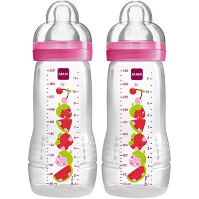Mam - biberon 2ème âge +4 mois - 330ml - lot de 2 - transparent/rose
