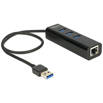 Delock hub usb 3.0 3 port extern + 1 x gigabit lan port - noir , 62653