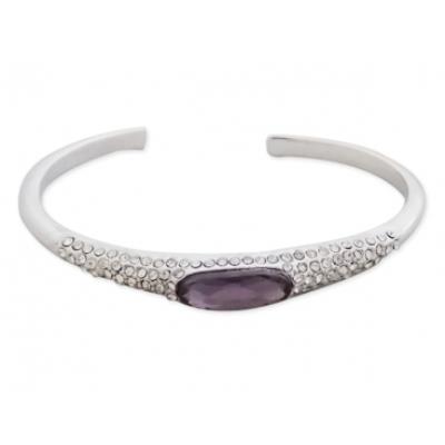 Bracelet argenté semi-ouvert, strass et faux diamant mauve bijou fantaisie pas cher