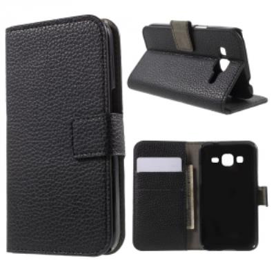 Etui type portefeuille cuir noir pour Galaxy Core-Prime avec rabat latéral fonction stand