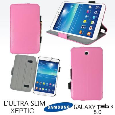 Housse luxe Samsung Galaxy Tab 3 8 pouces SM-T3100/SM-T3110/SM-T3150 16 et 32 Go rose (Wifi/3G/4G) Ultra Slim Cuir Style avec stand - Etui coque de protection rose Samsung Galaxy Tab 3 8.0 - accessoires pochette XEPTIO : Exceptional case !