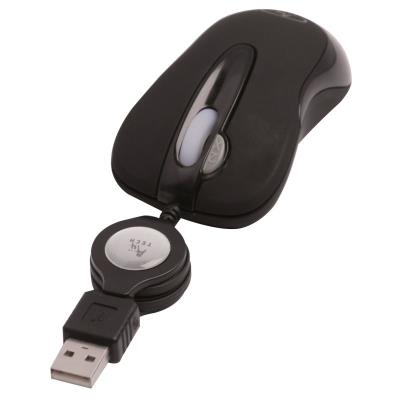 Mini souris USB noir double clic, optique toutes surfaces, cordon rétractable