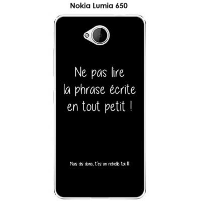 Coque Nokia Lumia 650 design Citation Rebelle Texte blanc fond noir