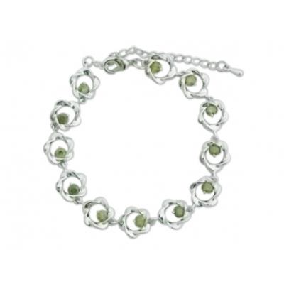 Bracelet fleurs torsadées argentées et pistils vert olive bijou fantaisie pas cher