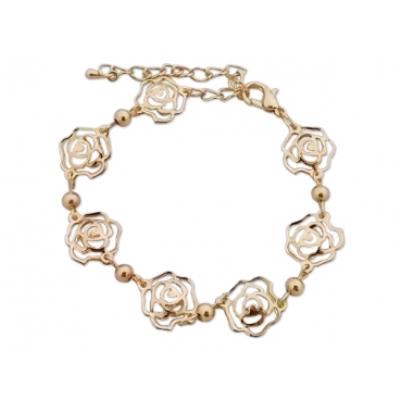 Bracelet aux 7 roses dorées et faux cristaux transparents bijou fantaisie pas cher