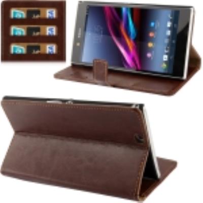 Sony Xperia Z Ultra Coque Housse Protection Cuir Brun avec Porte Carte de Crédit