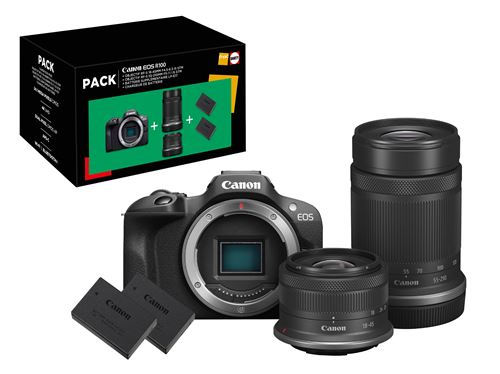 Pack Appareil photo hybride Canon EOS R100 + Objectif RF 18 45mm f4.5 6.3 IS STM + Objectif RF 55 210 mm f5 7.1 IS STM + 2ème batterie + chargeur
